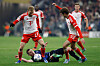 Bayern Munich's Konrad Laimer, left, and Thomas Mueller vie for the vall with FC Copenhagen's Lukas Lerager during a Champions League match in Munich, Germany on Wednesday. [AFP/YONHAP]
