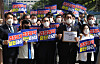 Rep. Park Hong-keun, center, floor leader of the Democratic Party, and other lawmakers hold a press conference protesting the Yoon Seok-yeol administration’s plan to establish a police oversight bureau under the Interior Ministry, near the presidential office in Yongsan District, central Seoul, Tuesday. [JOINT PRESS CORPS]