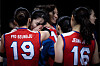 Team Korea celebrates their third win of the Volleyball Nations League 2021 after beating Canada 3-2 in Rimini, Italy on Monday. [FIVB]