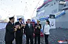 North Korean leader Kim Jong-un attends the launching ceremony of the new 5,000-ton multipurpose destroyer 'Choe Hyon' with his daughter Ju-ae in the western port city of Nampo on April 25.[YONHAP]