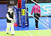 A health official disinfects Suwon Gymnasium in Suwon on Feb. 22 after a match between Suwon Hyundai Engineering & Construction Hillstate and the Industrial Bank of Korea Altos. [YONHAP]