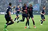 Paris Saint-Germain's Ousmane Dembele, center, celebrates scoring against Lyon in the French Cup final at Stade Pierre-Mauroy in France on Saturday. [REUTERS/YONHAP]