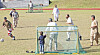 Afghans evacuated from Kabul to Seoul in late August play football together in field at a government facility in Jincheon County, North Chungcheong, on Wednesday. They will be staying at the facility through next February to participate in programs such as language classes and job search mentoring to help them adjust to life in Korea. [PARK SANG-MOON]