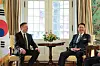 President Yoon Suk Yeol, right, chats with Tesla CEO Elon Musk during their meeting at Blair House in Washington on April 27. [JOINT PRESS CORPS]