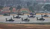 Apache helicopters are on standby at U.S. Army Garrison Humphreys in Pyeongtaek, Gyeonggi, Tuesday afternoon. The U.S. Department of Defense announced the results of its Global Posture Review Monday, which includes a decision to permanently station an Apache attack helicopter unit and artillery division headquarters in South Korea. [YONHAP]