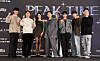 From left, Lee Seung-gi, Shim Jae-won, Tiffany Young, Jay Park, Lee Gi-kwang, Kim Sung-gyu, Ryan Jhun pose for a photo during a press conference for ″Peak Time″ at Stanford Hotel in Mapo District, western Seoul, on Wednesday. [JTBC]