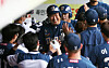 The NC Dinos celebrate after Yang Eui-ji, center, scores a run off Kim Tae-gun's RBI double during a game against the Samsung Lions at the Daegu Samsung Lions Park in Daegu on May 31. [YONHAP]