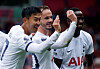 Tottenham Hotspur's James Maddison, center, celebrates scoring the opening goal with Son Heung-min, left, and Pape Matar Sarr in a game against Bournemouth at Vitality Stadium in Bournemouth, England on Saturday.  [REUTERS/YONHAP]