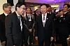 Busan Mayor Park Heong-joon, left, and Lotte Group Chairman Shin Dong-bin, second from right, speak with each other during the Korea Night 2023 event held in Davos, Switzerland, on Wednesday. Samsung Electronics Executive Chairman Lee Jae-yong, far right, and HD Hyundai CEO Chung Ki-sun, center, are shown in the background. [YONHAP]