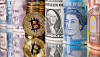 Representations of Bitcoin and fiat currencies, including the dollar and Turkish lira. [REUTERS/YONHAP]