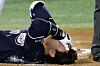 Park Sei-hyok lies on the floor in agony after getting hit in the head by a pitch during the eighth inning of a game between the Doosan Bears and LG Twins at Jamsil Baseball Stadium in southern Seoul on Friday. [NEWS1]