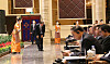 Democratic Party Rep. Do Jong-hwan takes a bow to Chinese officials and other attendees after walking off stage in making a speech at the China Xizang Tourism and Culture Expo on Saturday. Some seven DP representatives left for China as they were invited to the event by the Chinese government. [YONHAP]