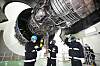 Engineers check the PW4170 engine, used in the Airbus A330, at the Korean Air Lines engine test cell facility in Jung District, Incheon, on Monday. [KOREAN AIR LINES]