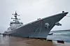 The new 8,200-ton Jeongjo the Great destroyer, equipped with the latest Aegis combat system, docks at a naval base on the southern resort island of Jeju on Feb. 1. [YONHAP]