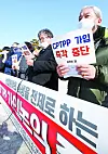 A group of farmers stage a rally in front of the Blue House to oppose the government’s discussion on Korea’s participation in the Comprehensive and Progressive Agreement for Trans-Pacific Partnership (Cptpp). [YONHAP]