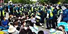 Some protestors and police clash during a rally held at the entry point of the Thaad site in Seongju County on June 15, 2021. [YONHAP]