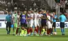 Tottenham Hotspur and Sevilla players clash in the center circle after the whistle blew at the end of the first half of a friendly at Suwon World Cup Stadium in Suwon, Gyeonggi on Saturday. [NEWS1]