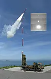 Cheongung-II missile launching above a coastal launcher, with an inset showing the missile flight sequence.