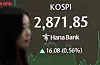 A screen in Hana Bank's trading room in central Seoul shows the Kospi closing at 2,871.85 points on June 10, up 16.08 points, or 0.56 percent, from the previous trading session. [NEWS1]