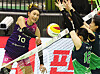 Kim Yeon-koung of the Incheon Heungkuk Life Pink Spiders, left, attacks during a V League game against Suwon Hyundai Engineering & Construction Hillstate at Suwon Gymnasium in Suwon, Gyeonggi on Tuesday. [YONHAP]