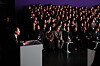 President Yoon Suk Yeol, left, speaks at the 17th public livelihood debate on youth policies at Ivex Studio in Gwangmyeong, Gyeonggi, on Tuesday. [JOINT PRESS CORPS]