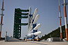In this overlay photo, Korea Space Launch Vehicle-II, also known as Nuri, is being erected in a vertical position before the launch scheduled for Wednesday, at the Naro Space Center in Goheung County, South Jeolla, on Tuesday. [KARI]