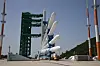 In this overlay photo, Korea Space Launch Vehicle-II, also known as Nuri, is being erected in a vertical position before the launch scheduled for Wednesday, at the Naro Space Center in Goheung County, South Jeolla, on Tuesday. [KARI]