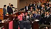 People Power Party (PPP) lawmakers complain to National Assembly Speaker Woo Won-shik, left, at the National Assembly in Yeouido, western Seoul, on Thursday as Woo concluded the PPP's filibuster. [YONHAP]