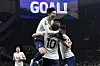 Harry Kane of Tottenham Hotspur celebrates with teammate Son Heung-min after scoring the third goal in a Premier League game against Everton at Tottenham Hotspur Stadium in London on March 7. [EPA/YONHAP]