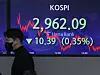 A screen in Hana Bank's trading room in central Seoul shows the Kospi closing at 2,962.09 points on Thursday, down 10.39 points, or 0.35 percent, from the previous trading day. [NEWS1]