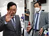 Kim Han-jung (left) and Woo Sang-ho speak separately to the media after the Democratic Party announced it had asked the two lawmakers to leave the party and face investigation for suspicions that they engaged in illegal real estate activities. 10 other ruling party lawmakers face the same request. [YONHAP]