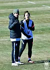 Choe Yu-ri, right, and Korean national team head coach Colin Bell discuss tactics during a training session. [KFA]