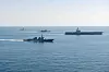 South Korean and U.S. naval vessels participate in a bilateral combined military exercise in the East Sea on Thursday. [YONHAP]