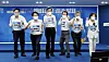 Six politicians who passed the elimination round of the Democratic Party's presidential primary pose on Sunday. From left: Kim Doo-kwan, Park Yong-jin, Lee Nak-yon, Chung Sye-kyun, Lee Jae-myung and Choo Mi-ae. [YONHAP]