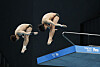 Kim Yeong-nam, left, and Woo Ha-ram in action during the men's synchronised 10-meter platform final at the FINA Diving World Cup 2021 at the Tokyo Aquatics Centre, Tokyo on May 1. [YONHAP]