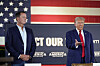 U.S. President-elect Donald Trump, right, and Trump’s former ambassador to Germany Richard Grenell watch at a campaign event in Smithton, Pennsylvania, on Sept. 23. [AP/YONHAP]