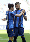Kim Min-jun celebrates with Lukas Hinterseer after scoring Ulsan Hyundai Motor's second goal of the match against Seongnam FC at Ulsan Munsu Football Stadium in Ulsan on Sunday. [NEWS1]