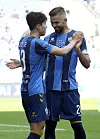 Kim Min-jun celebrates with Lukas Hinterseer after scoring Ulsan Hyundai Motor's second goal of the match against Seongnam FC at Ulsan Munsu Football Stadium in Ulsan on Sunday. [NEWS1]