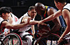 Korean wheelchair basketball players fight for the ball during a game against Colombia at the 2020 Tokyo Paralympics on Saturday. [NEWS1]