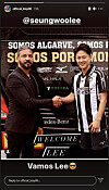 A picture posted on Instagram by Ki Sung-yueng shows Lee Seung-woo wearing a Portimonense S.C. shirt and shaking hands with the club's chairman. [SCREEN CAPTURE]