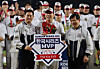Kim Hyun-soo of the LG Twins, center, poses with a sign naming him the MVP of the 2025 Korean Series following the Twins' 4-1 win over the Hanwha Eagles in Game 5 at Daejeon Hanwha Life Ballpark in the central city of Daejeon on Oct. 31. [YONHAP]