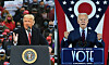 Ahead of the U.S. presidential election on Tuesday, U.S. President Donald Trump, left, speaks during a campaign rally at Manchester-Boston Regional Airport in Londonderry, New Hampshire on Oct. 25. Democratic presidential candidate Joe Biden, right, delivers remarks at an event in Cincinnati, Ohio, last month. [AFP/YONHAP]