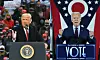 Ahead of the U.S. presidential election on Tuesday, U.S. President Donald Trump, left, speaks during a campaign rally at Manchester-Boston Regional Airport in Londonderry, New Hampshire on Oct. 25. Democratic presidential candidate Joe Biden, right, delivers remarks at an event in Cincinnati, Ohio, last month. [AFP/YONHAP]