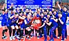 The Korean national women's volleyball team celebrate winning the Asia qualifiers after defeating Thailand in straight sets on Jan. 12, 2020, in Nakhon Ratchasima, Thailand. [FIVB/YONHAP]