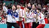 Olympic table tennis players from South and North Korea, along with Chinese players, pose together to take a selfie on the podium using the Samsung Galaxy Z Flip 6 during the Paris 2024 Olympics on July 30. [YONHAP]