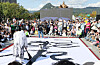Renowned calligrapher Lee Sang-hyun puts on a performance to mark the 577th Hangul Day in front of the statue of King Sejong at Gwanghwamun Square in Jongno District, central Seoul, on Monday. King Sejong (1397-1450) created the Korean alphabet system known as hangul. To mark this national day, which falls each year on Oct. 9, central and local governments held a series of events, including a large-scale ceremony in Sejong City featuring an air show. [NEWS1]