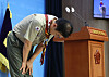 Democratic Party Rep. Kim Yun-duck, co-chair of the Jamboree organizing committee, bows during a press conference at the National Assembly in Yeouido, western Seoul, on Sunday to apologize for the mismanagement of the 25th World Scout Jamboree. [YONHAP]