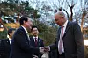 President Yoon Suk Yeol, left, greets Patrick Specht, president of the BIE's Administration and Budget Committee, at the Sangchunjae in the Blue House compound in central Seoul on Monday. [PRESIDENTIAL OFFICE]
