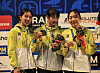 From left to right, Jang Ha-eun, Kim Sun-woo and Seong Seung-min pose for a picture on the podium after winning the women's team silver medal at the UlPM 2022 Pentathlon World Championships in Alexandria, Egypt on Saturday. [KMPF]
