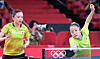 Jeon Ji-hee, left, and Shin Yu-bin compete in the table tennis women's team quarterfinals against Germany at the 2020 Tokyo Olympics on Tuesday. [YONHAP]